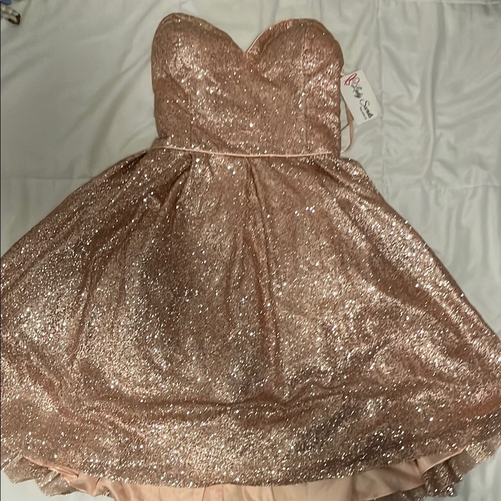 Dancing Queen Rose Gold Strapless Sweetheart Midi Dress